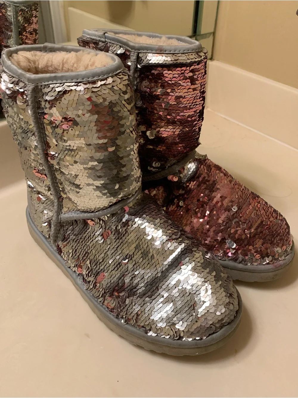 🍧Pink & Silver Cosmo Reversible sequined UGGs
